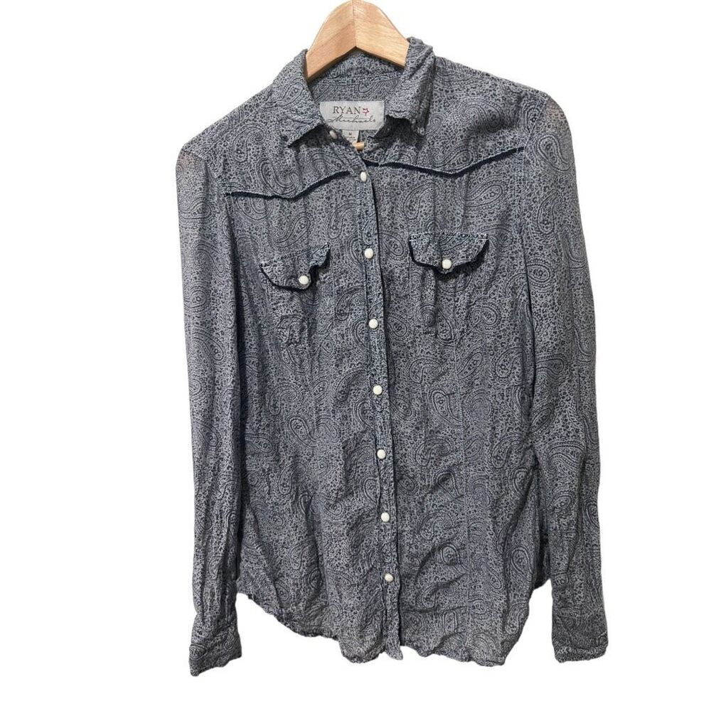 Ryan Michael Sheer Blue Paisley Cotton Silk Blend Button Front Blouse Size M